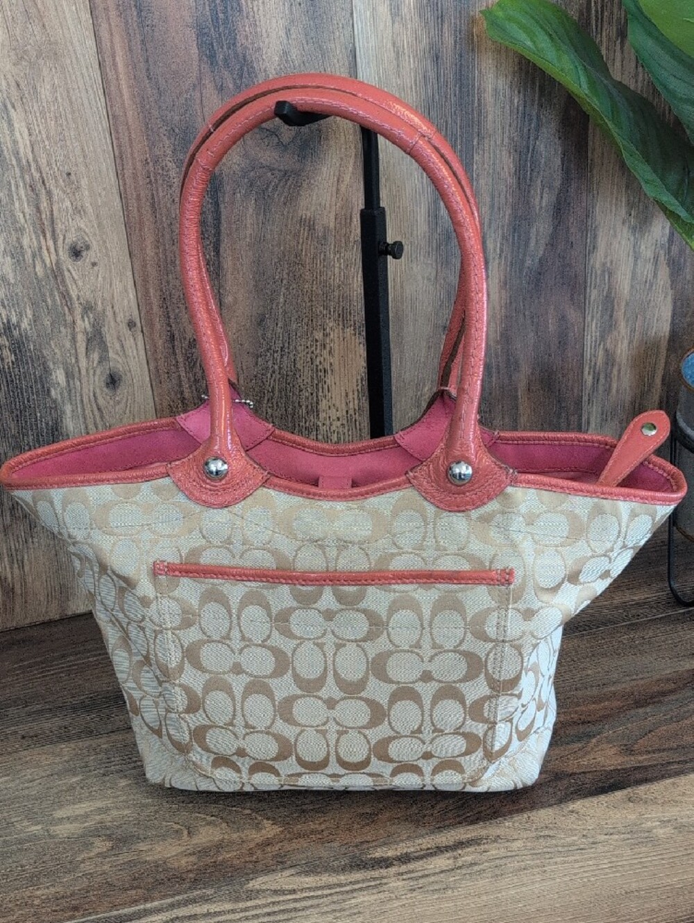 Coach Bleecker Signature Floral FF16276 Tan Pink Floral Tote Bag w/Leather M409 - Picture 2 of 13